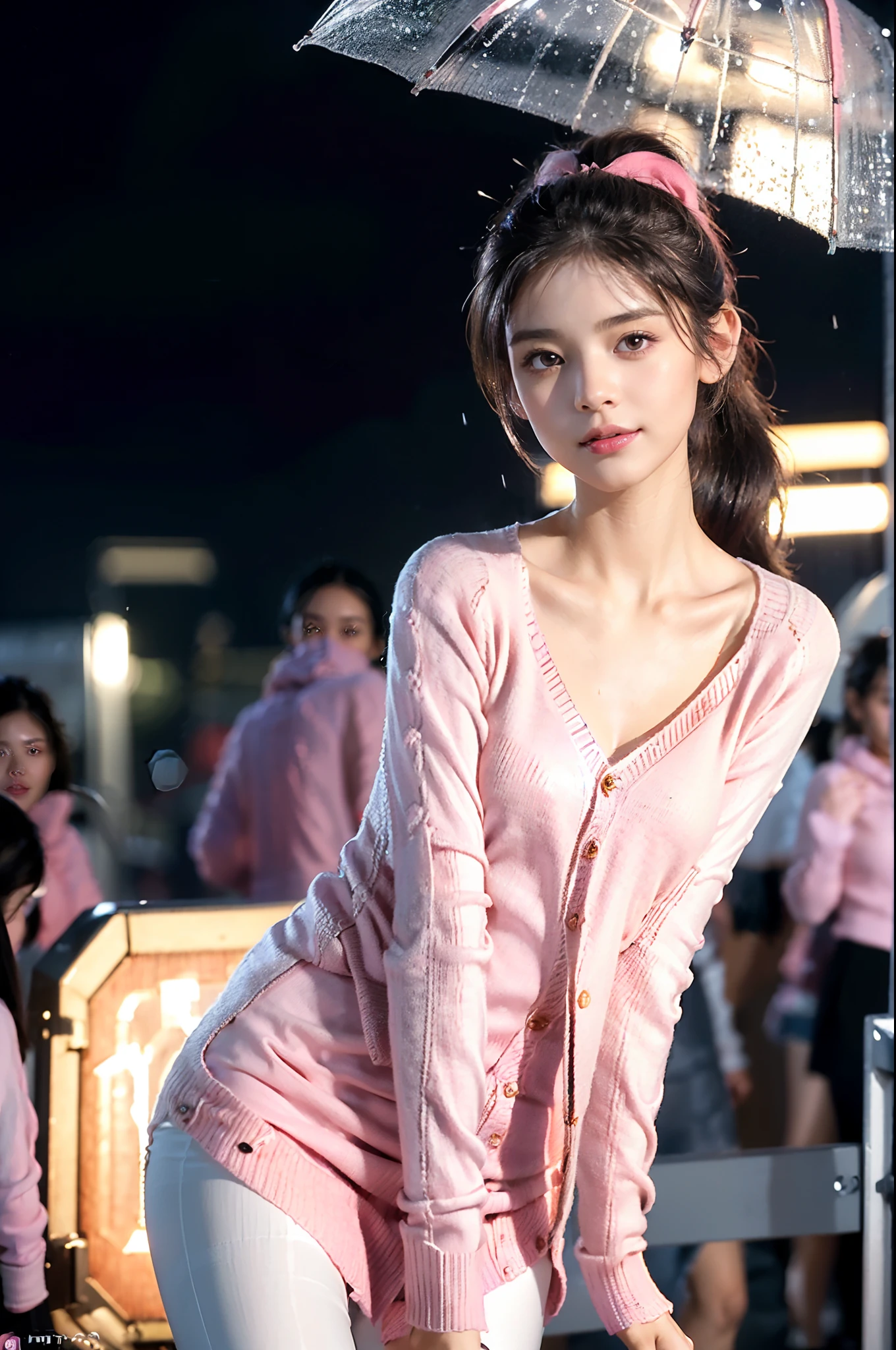 (shoulder length straight short black hair:1.2),((((8k))),(Extremely meticulous CG) ,(wallpaper),16k,(Extremely refined and beautiful），（Masterpiece），（best qualtiy：1.0），（Ultra High Resolution：1.0），beautiful light up，Perfect lightning，realistic shaded，[A high resolution],(Smooth and flawless fair skin:1.5),Extremely exquisite facial details,(perfect body：1.1),ultra - detailed,A beautiful girl,small head,(very short ponytail:1.2),(Small breasts:1.1),Flat chests，slim，thin，Smile，cheerfulness,(Pink sweater cardigan:1.5),(white shirt:1.4),(white pantyhose:1.3),(white high heels:1.2),slender legs,(nightfall:1.5),Sunset light,(Surrounded by a crowded crowd:1.5),At the school gate,full body,from front,(rainy weather:1.1),standing