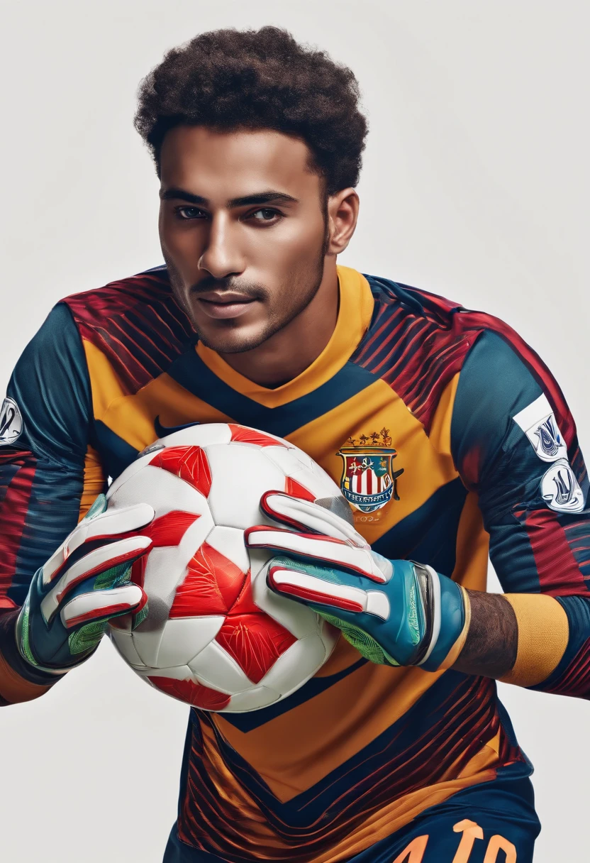 personagem de desenho animado, de um homem com 25 anos, cabelo curto, com roupa de goleiro de futebol, Striking a pose that shows the hands with the goalkeeper gloves on.