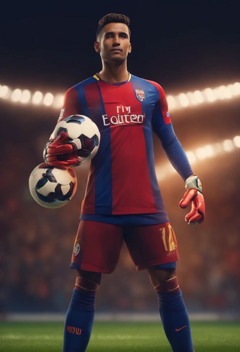 personagem de desenho animado, de um homem com 25 anos, cabelo curto, com roupa de goleiro de futebol, Striking a pose that shows the hands with the goalkeeper gloves on.