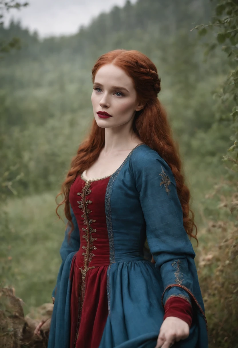 Madelaine Petsch, medieval clothes, graceful, beautiful, red and blue dress, ultra realistic, high definition,