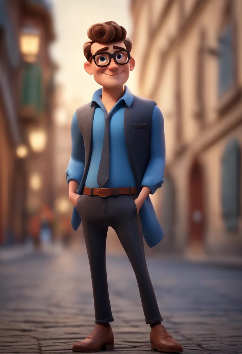 Cartoon character of a man with black glasses and a blue shirt, animation character, Caractere estilizado, animation style rendering, 3D estilizado, Arnold Maya render, 3 d render stylized, toon render keyshot, Personagem 3D, Personagem 3D, 3d rendering stylized, 3 d character render, personagem de desenho animado, Personagem de close up, Pose de personagem, (Estilo Pixar) (master part:1.2) (Bokeh) (best quality) (pele detalhada) (textura detalhada) (8k) (argila) (Cinematic lighting) (foco nítido