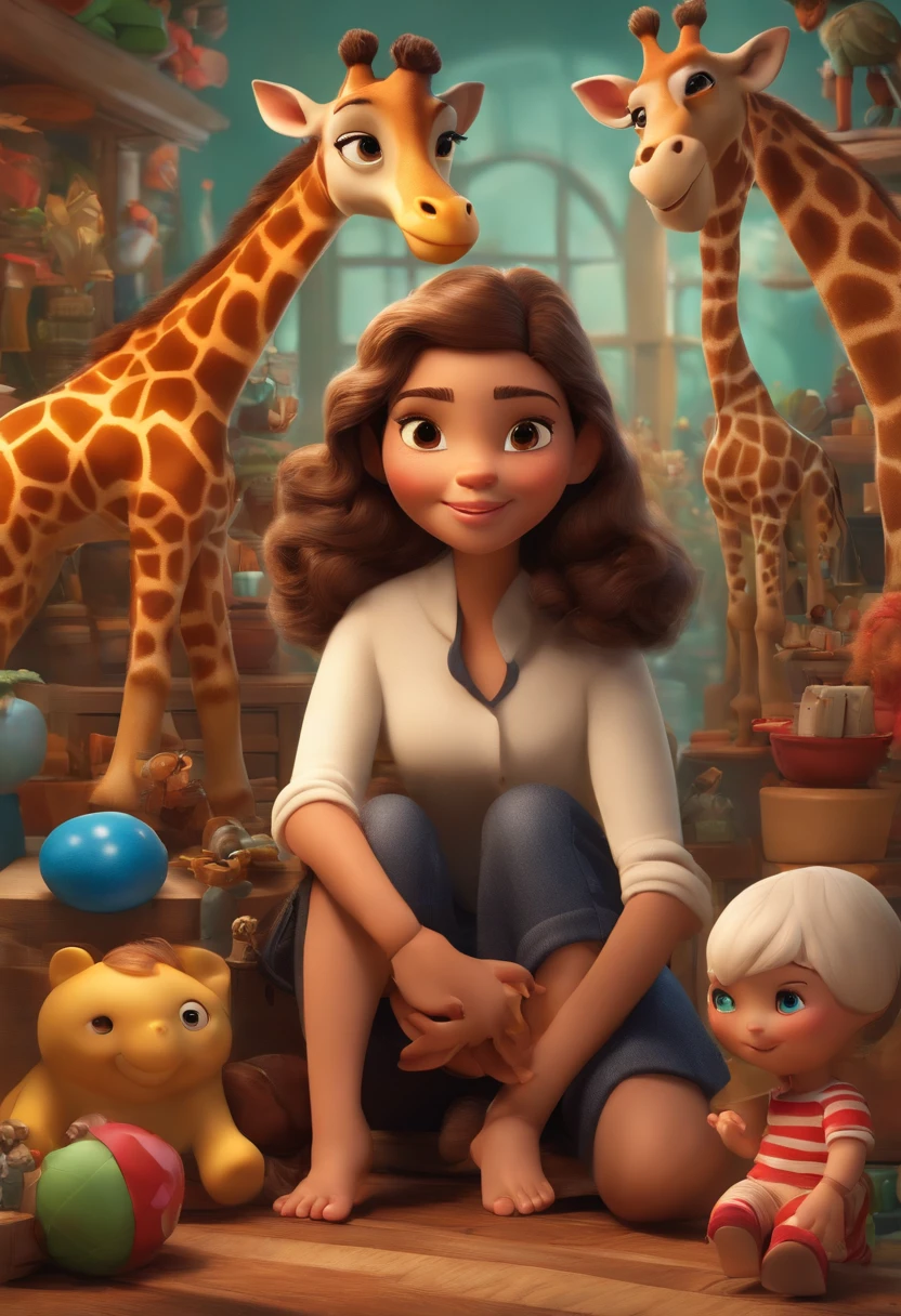 A collector of ideas inspired by Pixar animation, de perto. She's surrounded by a collection of toys, each containing a unique idea. The focus is on the character, with a captivating facial expression, In a colorful setting. She's a thin woman, cabelo liso, na altura dos ombros, castanho claro, pequena, magra, with black pants and blouse with giraffe designs.