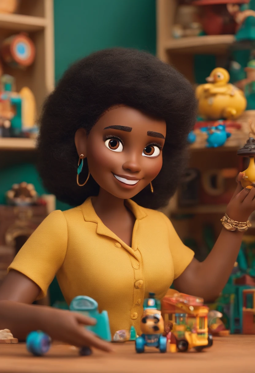 A collector of ideas inspired by Pixar animation, de perto. She's surrounded by a collection of toys, each containing a unique idea. The focus is on the character, with a captivating facial expression, In a colorful setting. She's a thin woman, cabelo liso, na altura dos ombros, castanho claro, pequena, magra, with black pants and blouse with giraffe designs.