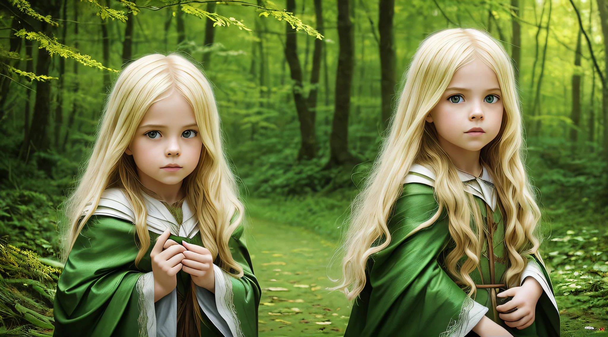 The Blonde Child Long Hair of the Green Cloak, close up, com o Lobo na Floresta Escura, pintura digital detalhada, uma pintura fotorrealista, fotografia de arte