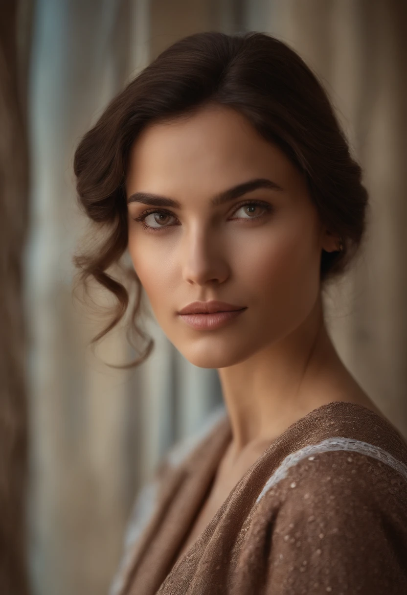 "He contemplates the image of a young woman with brown hair that delicately frames her face, Her brown eyes reflect serenity and determination. In this passport-style representation, His calm expression suggests confidence and kindness. Notice how the light brings out the soft tones of their skin and emphasizes the warmth of their features, offering a sense of closeness and trust in your gaze."
