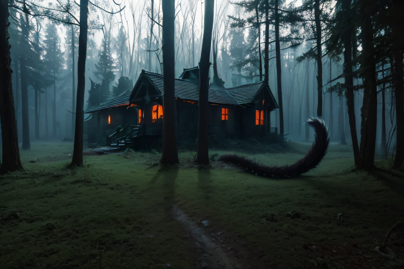 (masterpiece:1.4),best quality,ultra high res,(photo realistic:1.6),(horror:1.8),(tail:1.6),(the woods:1.6),mont,scared,Fear,eerie,dimly lit,dark,darkness,spooky,weird,ominous,ephemeral,gloomy,night,midnight,shadow,