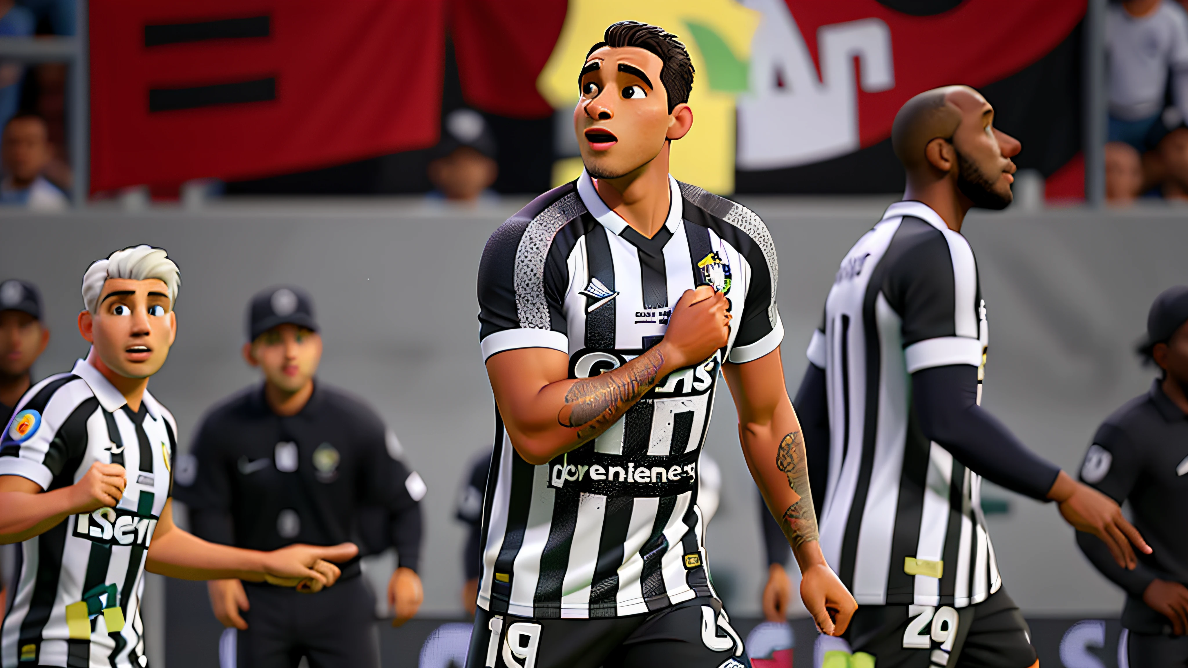 um homem comemorando o gol que ele faz, com a camisa do santos com listras verticais preto e branco , estilo pixar
