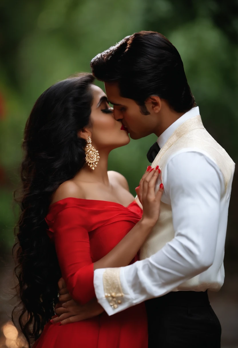 (Romantic and passionate kissing scenes in movies),(Best Quality, Cinematic, The best lighting and shadows),(up close shot, an extreme closeup shot),(1girl and 1 boy),(Long hair:1.2+Suit),(Red Lipstick:1.4+Black hair), Romantic music, Blurred background