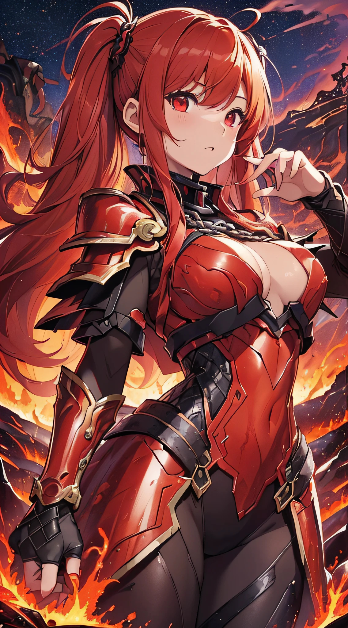 top-quality、Top image quality、masterpiece、girl with((20yr old、Best Bust、big bast、Bust 85,Red Eyes、Breasts wide open,Long twin tails with glowing red hair、A slender、Large valleys、Red dress、Red Magma Armor,Reflecting the whole body、Glowing Red Greatsword、High-heat chain accessories))、hiquality、Beautiful Art、Background with((Red sky、lava、the magma、Erupted volcanoes、Meteorites falling from the sky、Meteor))、masutepiece、visualart、depth of fields、