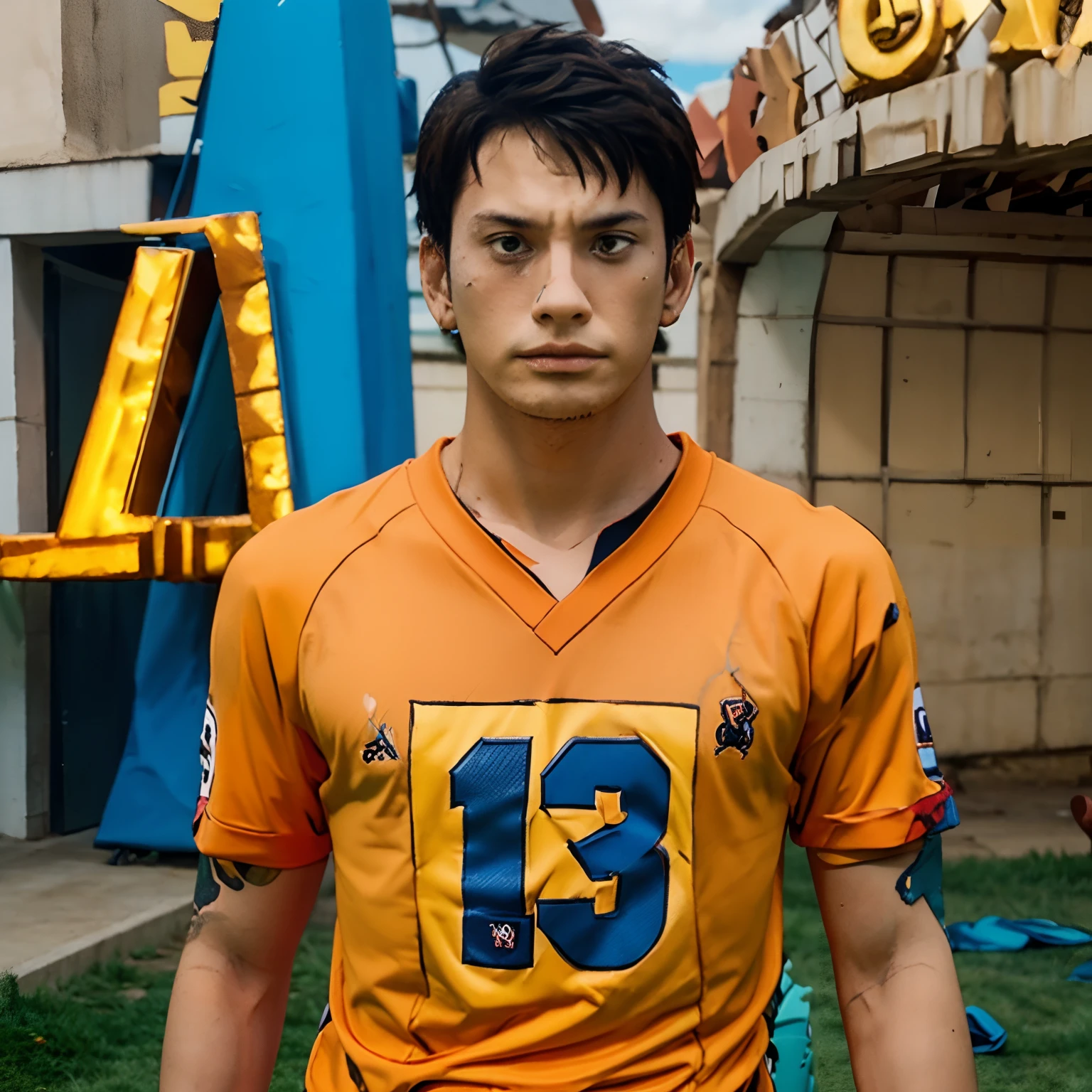 (estilo de Pixar)a boy holding an orange shirt with the name Bernardo and number 99 football shirt with a lion in the background with the name Bernardo 99 the shirtless boy holding the shirt