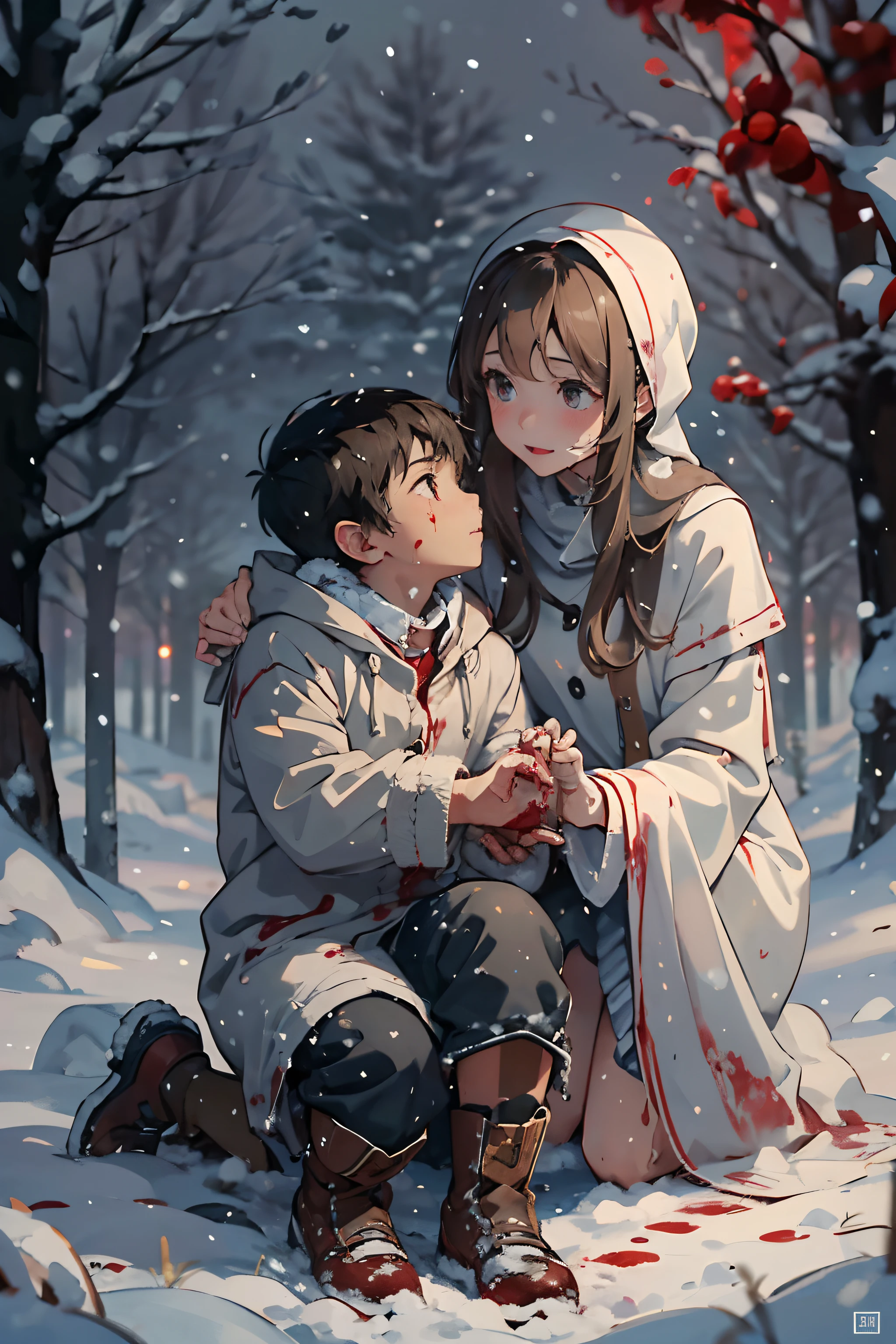 A young girl, in a thin white dress standing over a young boy who’s sitting down, kneeling on the ground in the snow, with winter clothes on. It's night time and the ground is covered with snow and it's snowing. The young girl is reaching one of her hands down to him and in that hand is a human heart dripping blood. She also has blood dripping from the corner of her mouth. The young boy looks up at her with wonder.