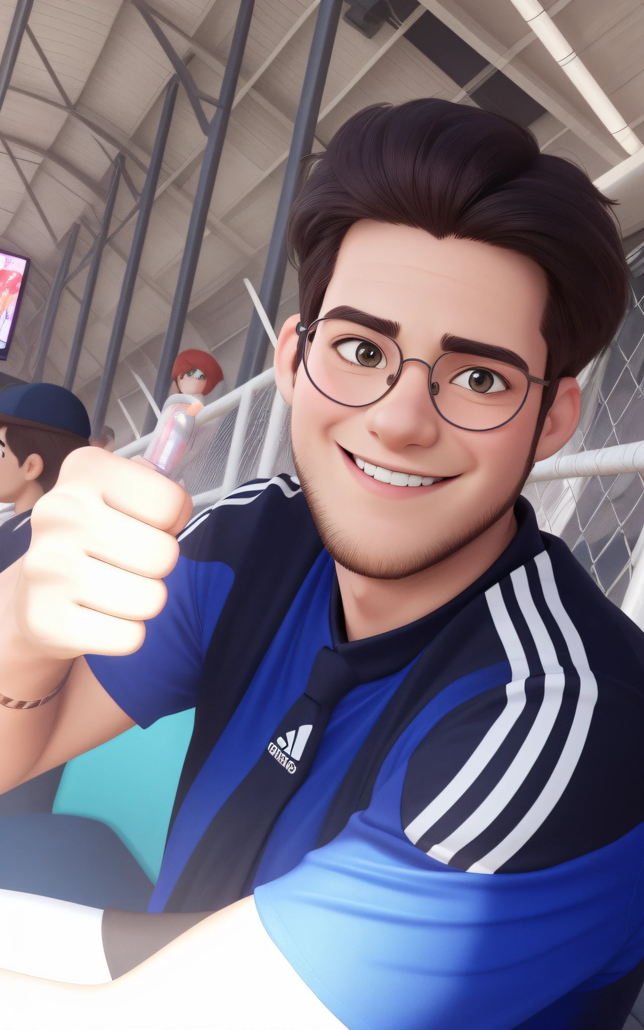 poster of a handsome, smiling boy, with a short beard, thin round glasses, in a football stadium, disney-pixar cartoon style
