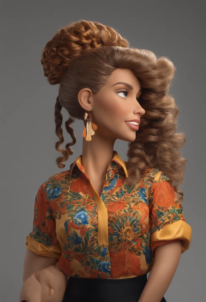 A collector of ideas inspired by Pixar animation, de perto. She's surrounded by a collection of toys, each containing a unique idea. The focus is on the character, with a captivating facial expression, in a colorful setting. She's a white woman, baixa, cabelo liso, na altura dos ombros, cabelo castanho claro, with black pants and giraffe design blouse.