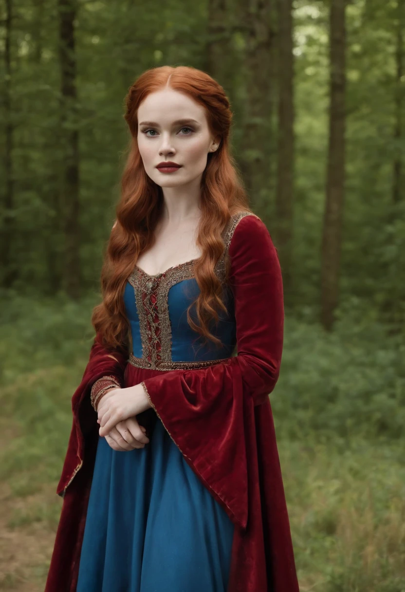 Madelaine Petsch from Riverdale in medieval clothes with a red and blue dress, ultra realistic, high definition