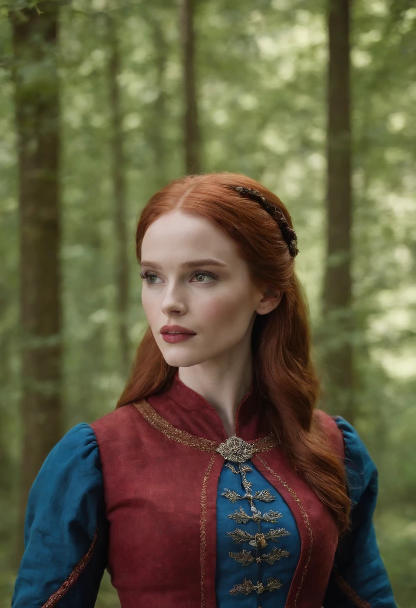 Madelaine Petsch from Riverdale in medieval clothes with a red and blue dress, ultra realistic, high definition