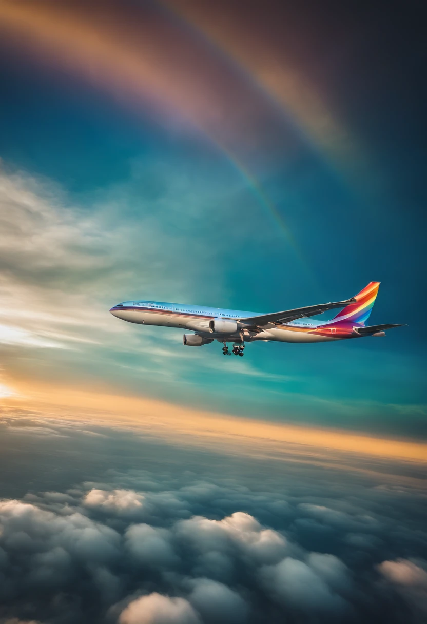 Close-up portrait of an airplane flying in the sky with clear iridescent clouds, Amazing skies, Amazing skies, Stunning rainbow colors, Vivid iridescent colors, A very colorful heaven, Amazing reflections of the sky, Colorful clouds, Colorful iridescent colors, Rainbow clouds, Rainbow clouds, Iridescent colors floating in the sky, Iridescent reflections, Magnificent iridescent colors, Beautiful rainbow, Colorful sky, Rainbow from the sky、Jumbo jets are coming towards you、Coming this way、