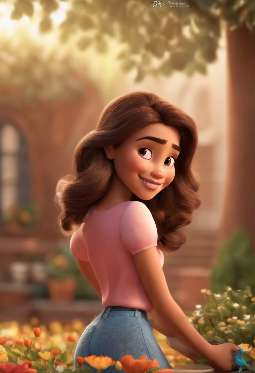 Create a Disney Pixar-style poster of a young woman with light brown skin, light tanned dark eyes and medium and curly dark-colored hair)) ((tudo isso no estilo Disney PIXAR 3D, 3D render RTX estilo de design cartunesco, Detailed illustrations of PIXAR 3D, Detalhes hiper-realistas, cor quente no estilo Disney PIXAR 3D))