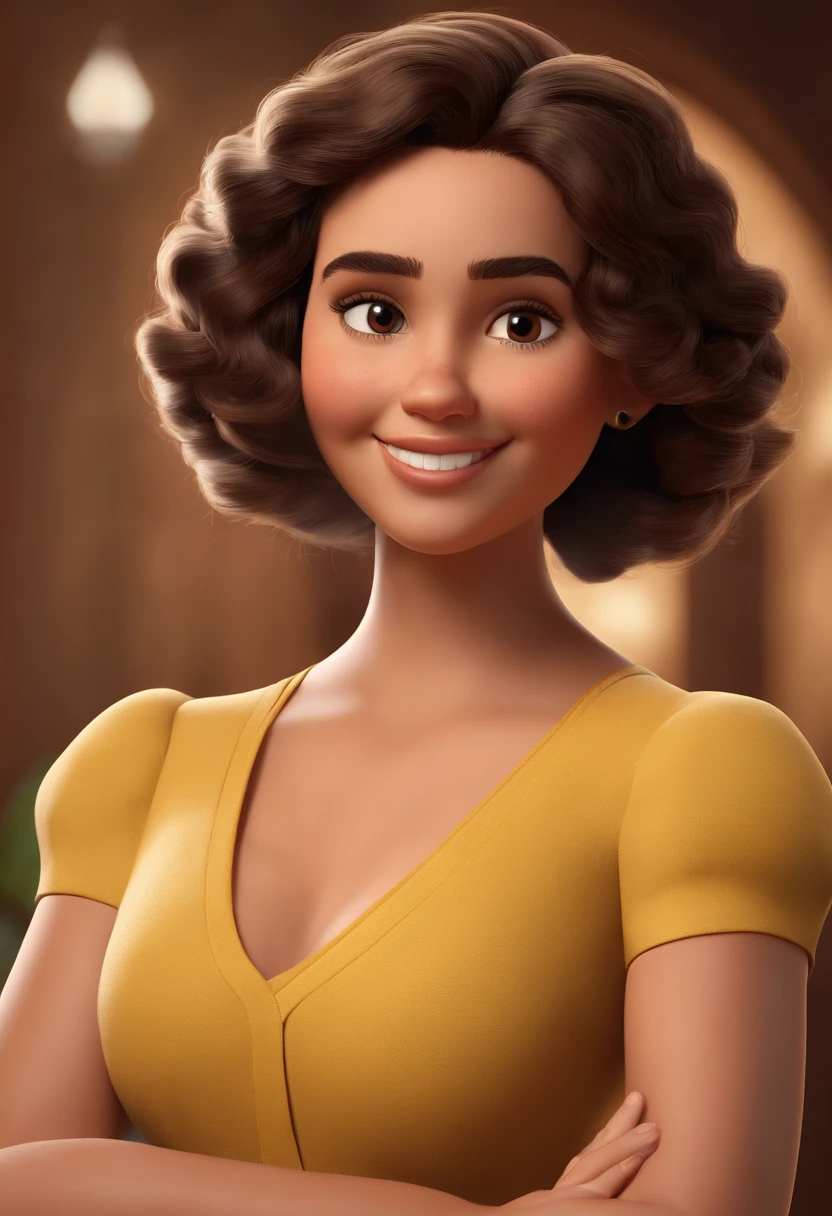 Create a Disney Pixar-style poster of a young woman with light brown skin, light tanned dark eyes and medium and curly dark-colored hair)) ((tudo isso no estilo Disney PIXAR 3D, 3D render RTX estilo de design cartunesco, Detailed illustrations of PIXAR 3D, Detalhes hiper-realistas, cor quente no estilo Disney PIXAR 3D))