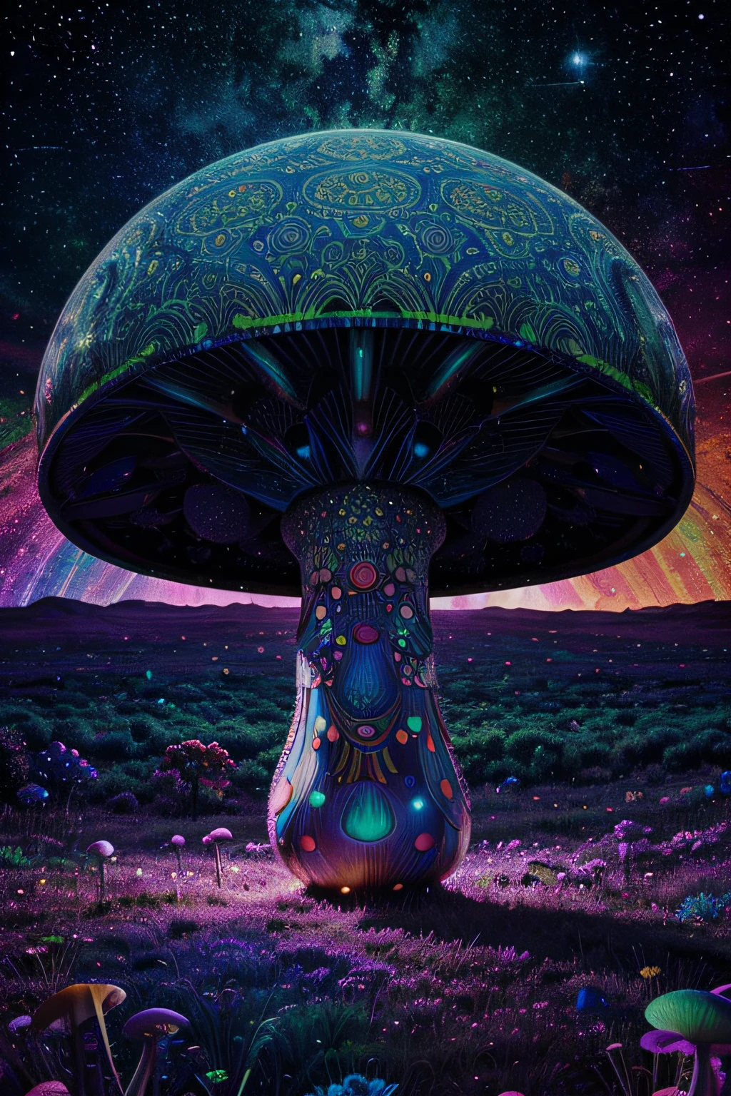 Magic Mushroom Print:, Illustrations of psychedelic mushrooms amidst a surreal landscape., Estampa Espacial com Rave Lights:, A vision of outer space with intergalactic rave lights., Psychedelic Lion Print:, A stylized lion with psychedelic patterns and a festive vibe.