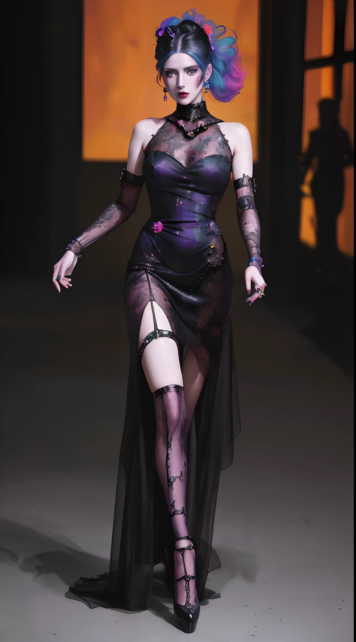 Spooky fashion runway ,woman model,Mechanical limb,vogue photography ,Colorful heels,Colorful lace evening dresses,Inspired by classical painting and cyberpunk。(Best quality,4K,8K,A high resolution,Masterpiece:1.2), (Realistic,Photorealistic,photo-realistic:1.37).