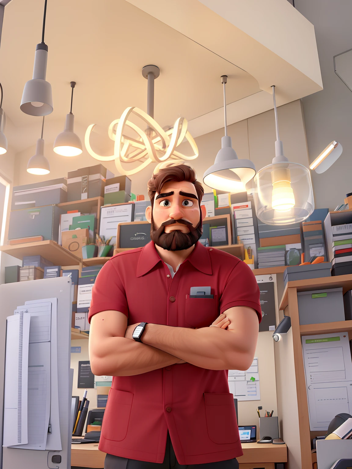 (high quality, professional, corporate:1.2),bearded man in company uniform,crossed arms,serious expression,indoor environment,office setting,neat and tidy workspace,modern and sleek design,high-tech equipment,professional lighting,neutral color scheme,
