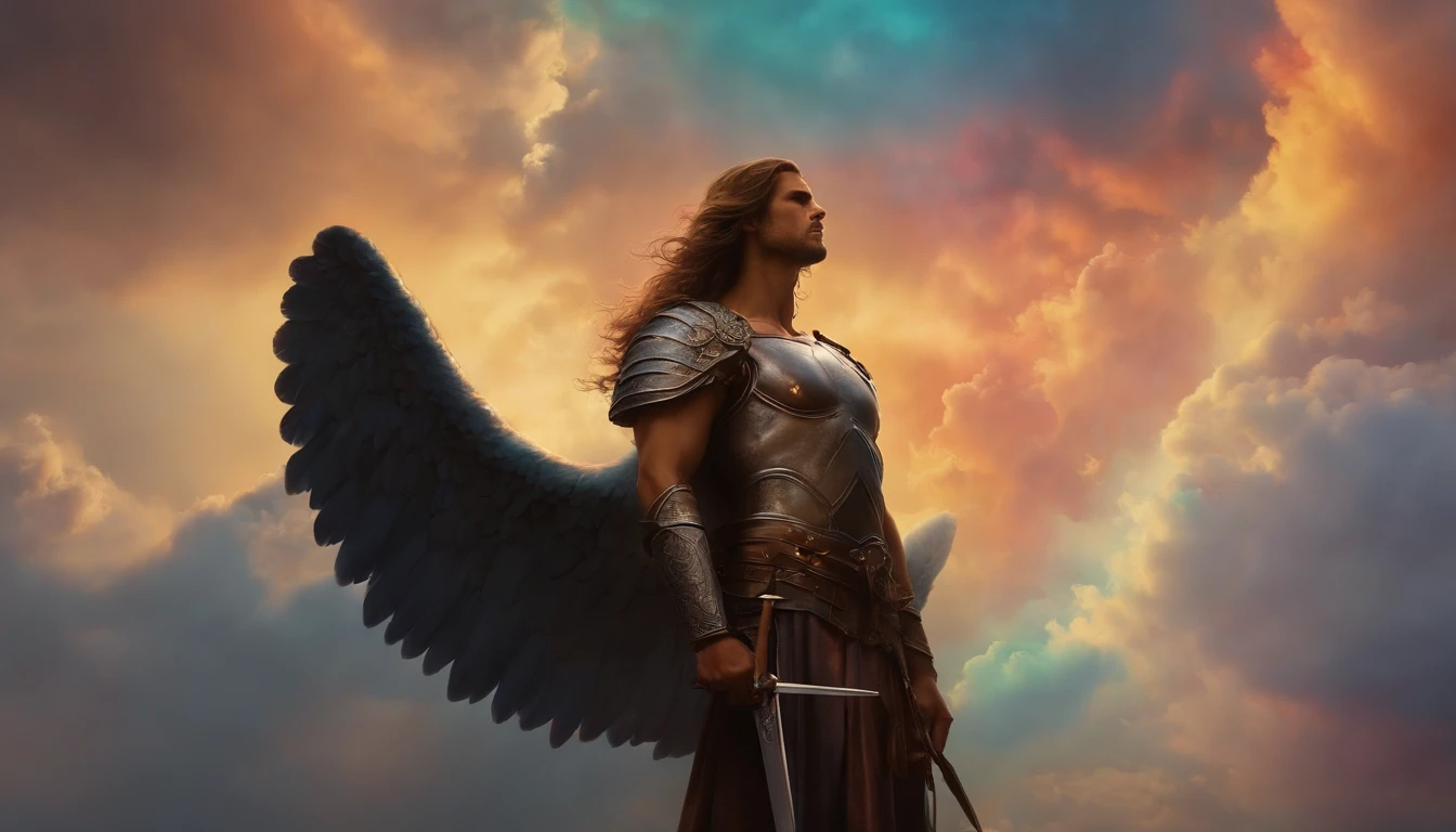 (((foto de corpo inteiro))) de Arcanjo Miguel Homem, Photorealistic angel of God of an angel with sword in hand (In the middle of the sky with colorful clouds: 1.50), no estilo de Charlie Bowater, exaggerated facial features, Simbolismo misterioso, Magic, esoteric, mistic, Runas, hioglyphs, Loish, achirax um, rosto definido