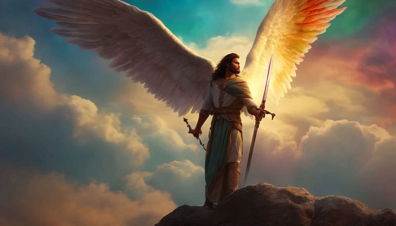(((foto de corpo inteiro))) de Arcanjo Miguel Homem, Photorealistic angel of God of an angel with sword in hand (In the middle of the sky with colorful clouds: 1.50), no estilo de Charlie Bowater, exaggerated facial features, Simbolismo misterioso, Magic, esoteric, mistic, Runas, hioglyphs, Loish, achirax um, rosto definido