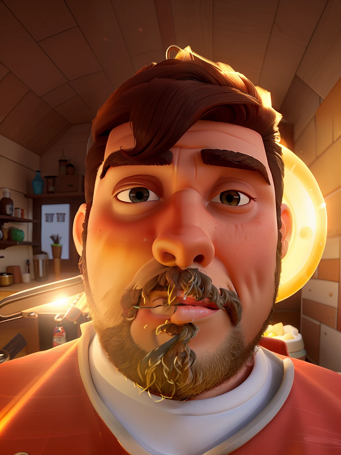 Um gordinho de cabelo cortado em volta de uma cadeira de barbeiroaltura de 1,70, illuminated by the light of a lamp, contra o pano de fundo de uma barbearia