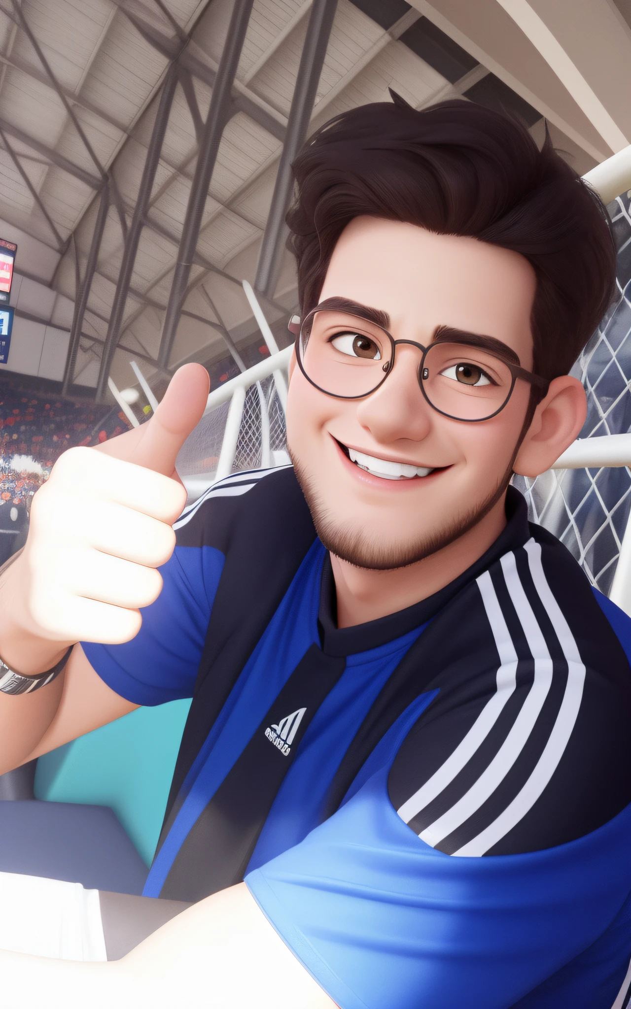 poster of a handsome, smiling boy, with a short beard, thin round glasses, in a football stadium, disney-pixar cartoon style
