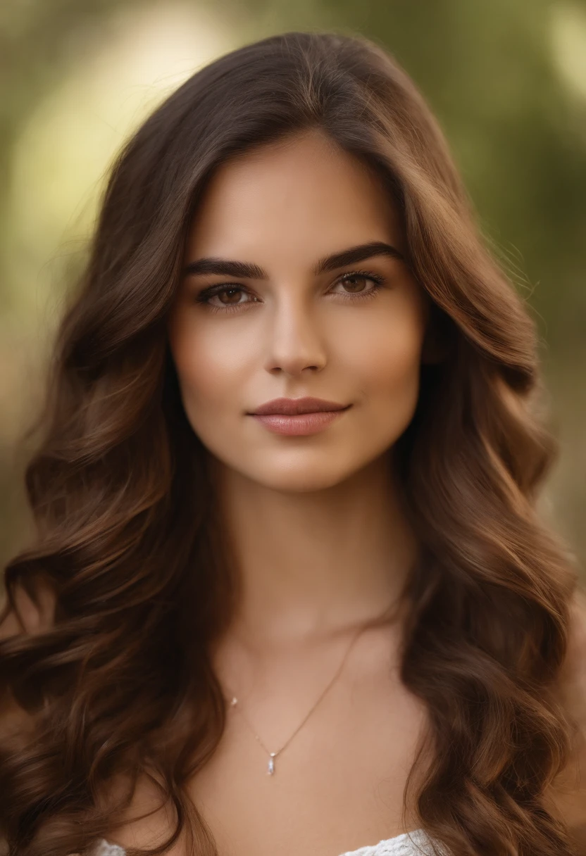It isolizes the image of a young woman with brown hair that delicately frames her face. Her brown eyes convey serenity and determination, Reflecting confidence in your expression. In a style similar to a passport photograph, su semblante tranquilo irradia amabilidad y calidez. La luz resalta los suaves tonos de su piel, creating a sense of closeness and trust through his direct gaze towards the viewer".