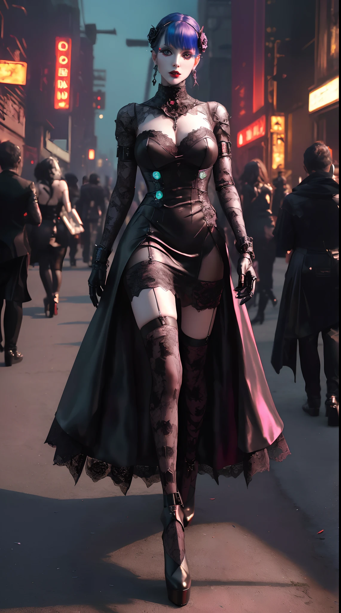Spooky fashion runway ,woman model,(Robotic arm),Gothic Rose Fashion Photography ,Colorful heels,Colorful lace evening dresses,(Inspired by classical painting and cyberpunk)。(Best quality,4K,8K,A high resolution,Masterpiece:1.2), (Realistic,Photorealistic,photo-realistic:1.37).