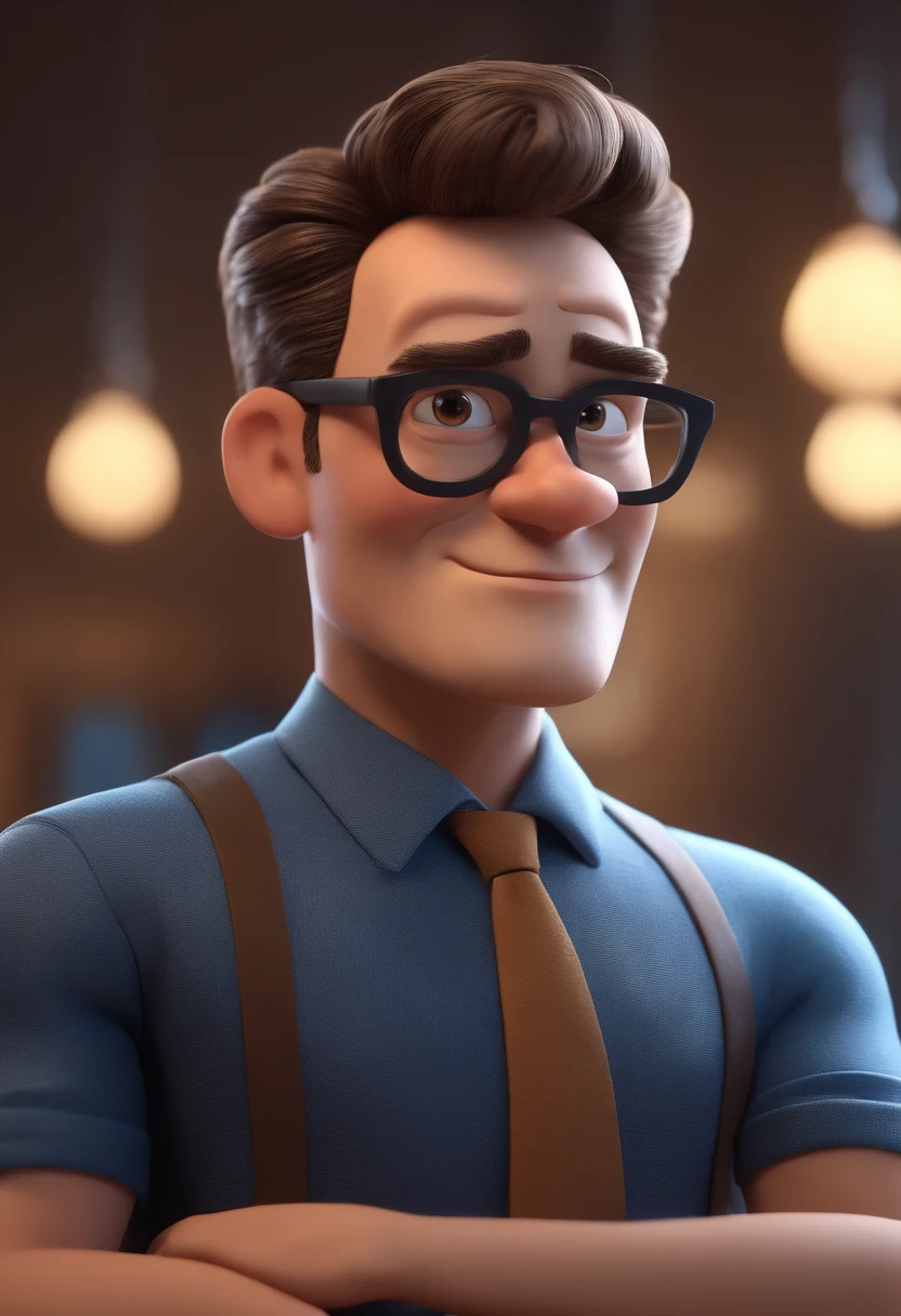 Cartoon character of a man with black glasses and a blue shirt, animation character, Caractere estilizado, animation style rendering, 3D estilizado, Arnold Maya render, 3 d render stylized, toon render keyshot, Personagem 3D, Personagem 3D, 3d rendering stylized, 3 d character render, personagem de desenho animado, Personagem de close up, Pose de personagem, (Estilo Pixar) (master part:1.2) (Bokeh) (best quality) (pele detalhada) (textura detalhada) (8k) (argila) (Cinematic lighting) (foco nítido