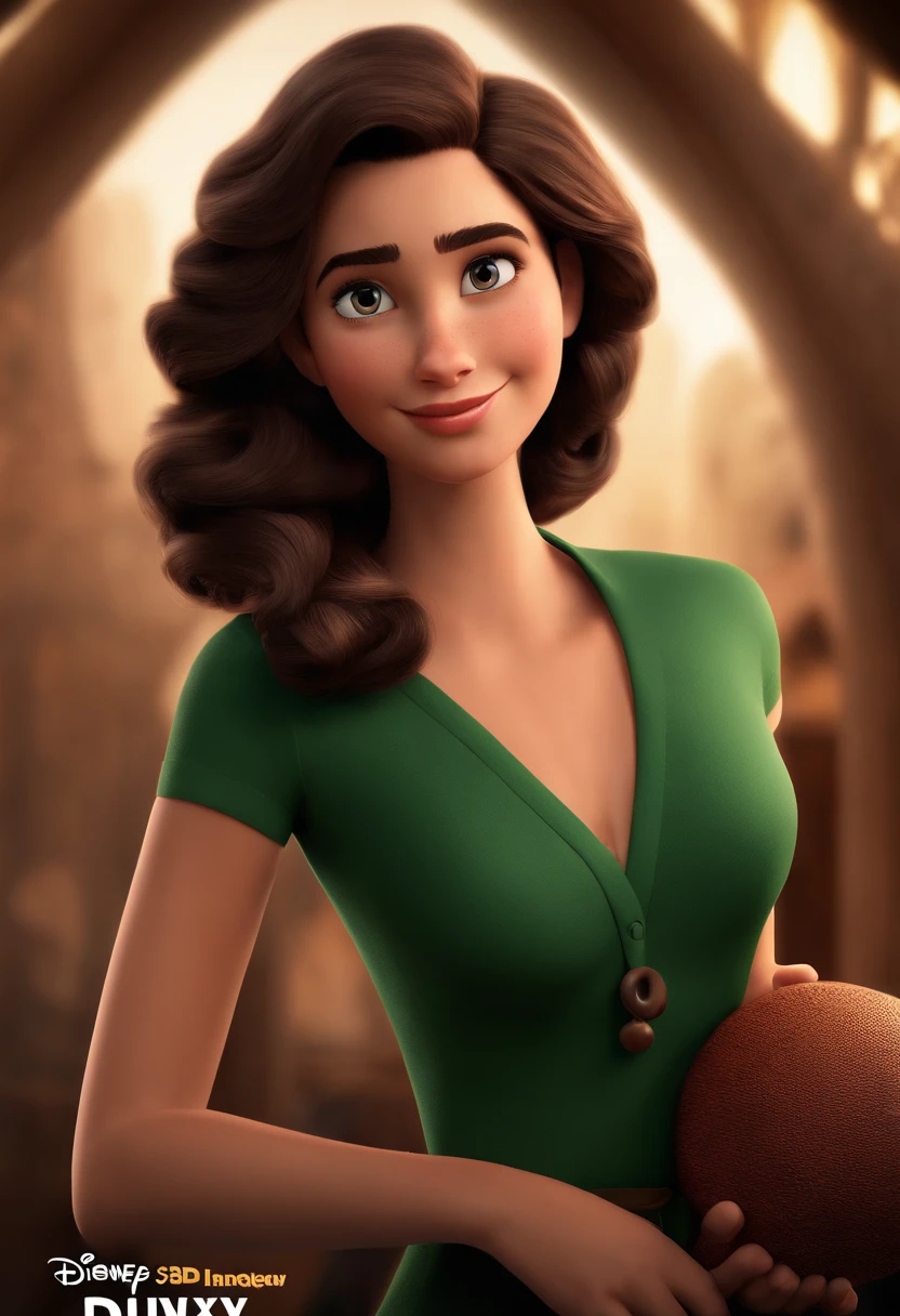Create a Disney Pixar-style poster of a young woman with fair skin, dark eyes and medium, curly dark hair)) ((tudo isso no estilo Disney PIXAR 3D,  3D render RTX estilo de design cartunesco, Detailed illustrations of PIXAR 3D, Detalhes hiper-realistas, cor quente no estilo Disney PIXAR 3D))
