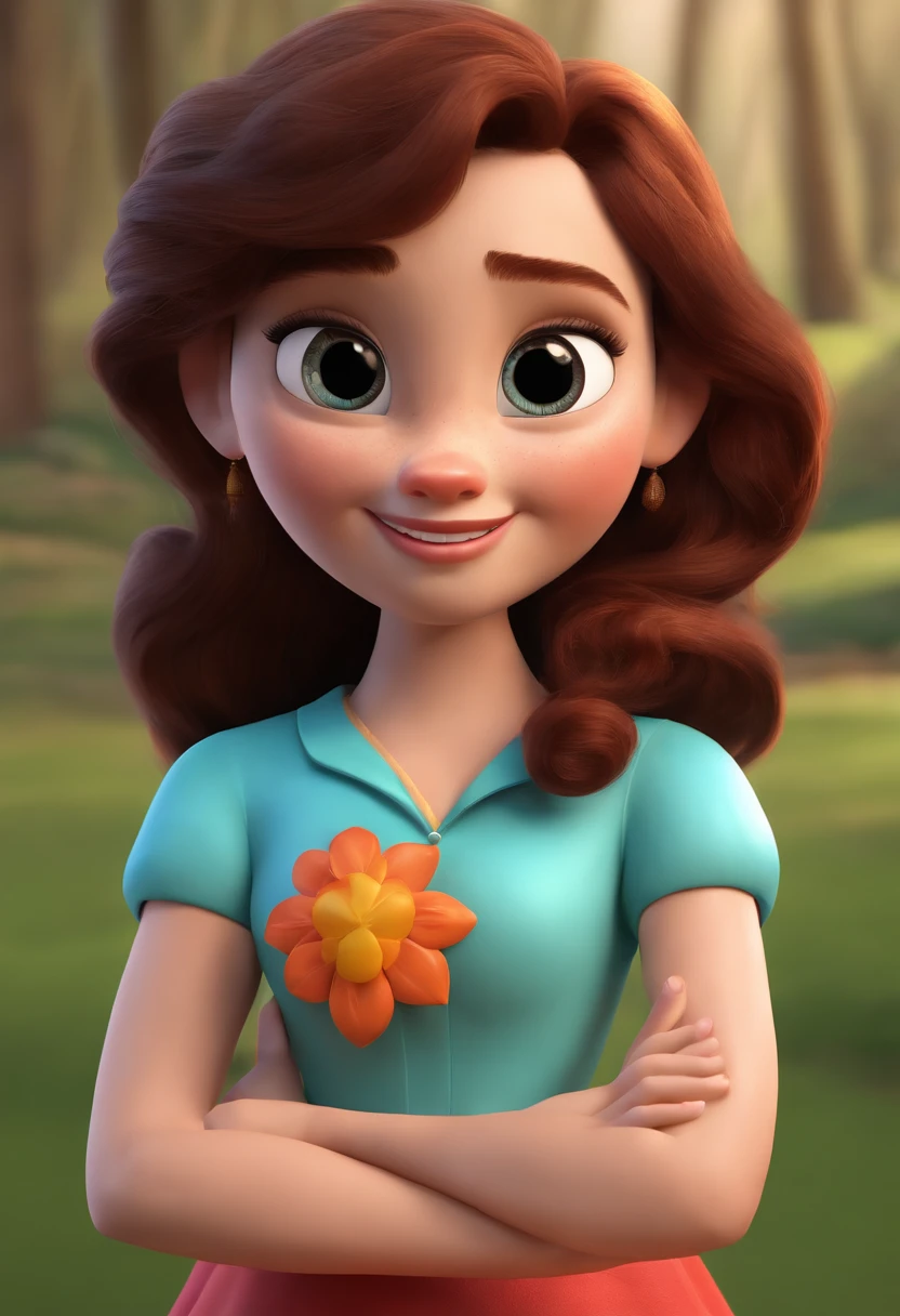 Create a Disney Pixar-style poster of a young woman with fair skin, dark eyes and medium, curly dark hair)) ((tudo isso no estilo Disney PIXAR 3D, 3D render RTX estilo de design cartunesco, Detailed illustrations of PIXAR 3D, Detalhes hiper-realistas, cor quente no estilo Disney PIXAR 3D))