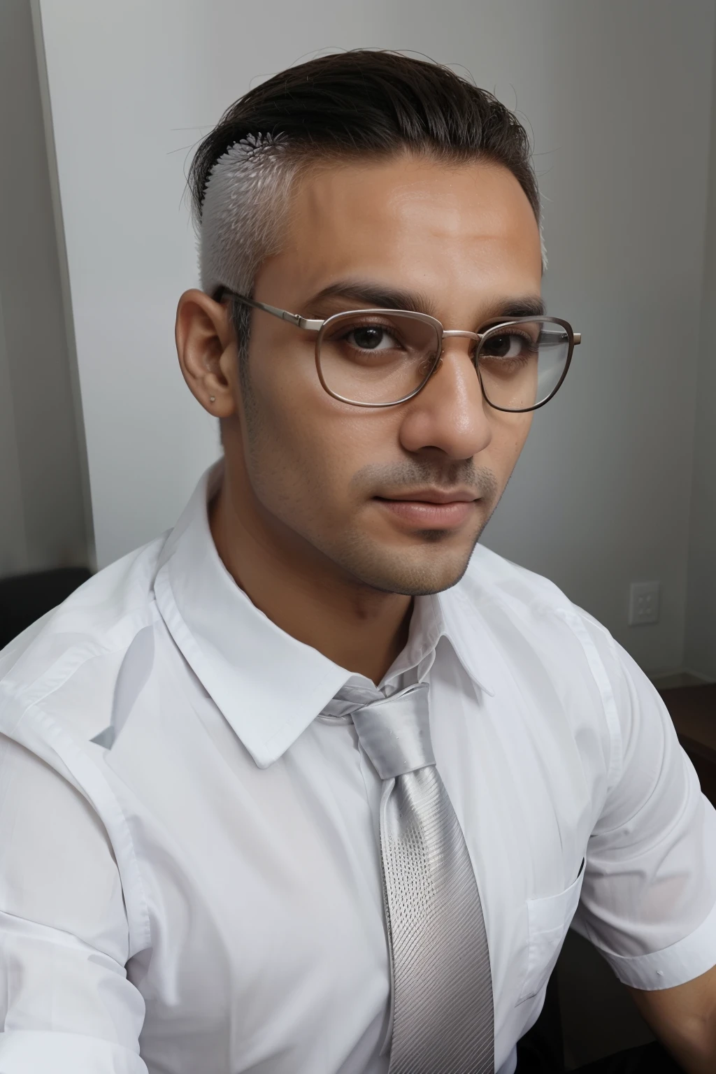 Um homem de 30 anos, com cabelos castanhos curtos,face de diamante, olhar rigoroso, e olhos castanhos, Wearing white white shirt with tie and glasses.