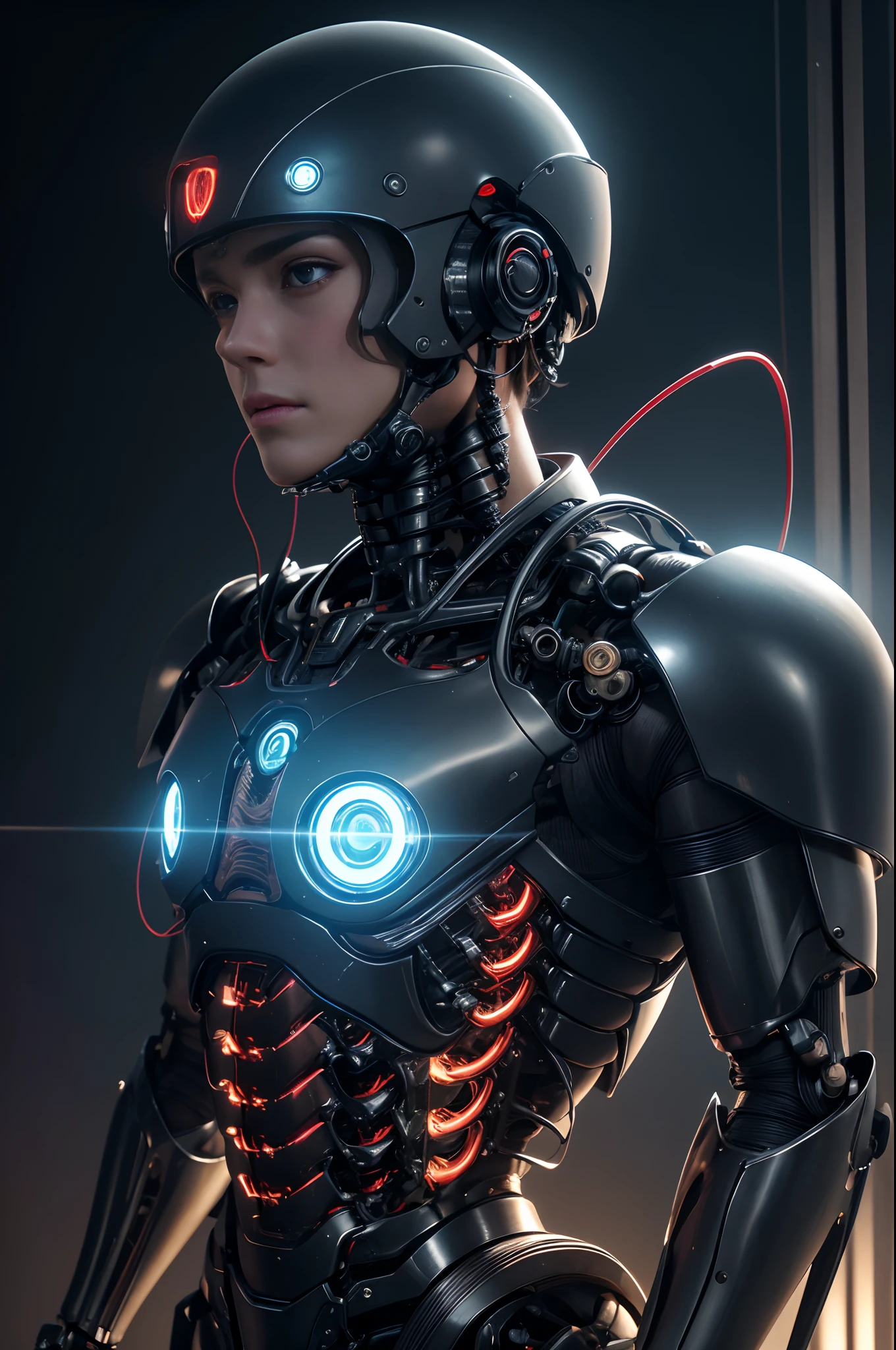 1. Mechanical Boy、((super realistic details))、portlate、globalillumination、Shadow、octan render、8K、ultrasharp、metal、Convolut、Ornament Details、Cold color、Egyptian Detail、highly intricate detail、Realistic light、Trends in CGS Society、radiant eyes、Camera orientation、Neon Detail、machanical limbs、Blood vessels connected to tubes、Mechanical vertebrae attached to the back、Mechanical cervical neck was attached、Sedentary position、Wires and cables connected to the head,a handsome,