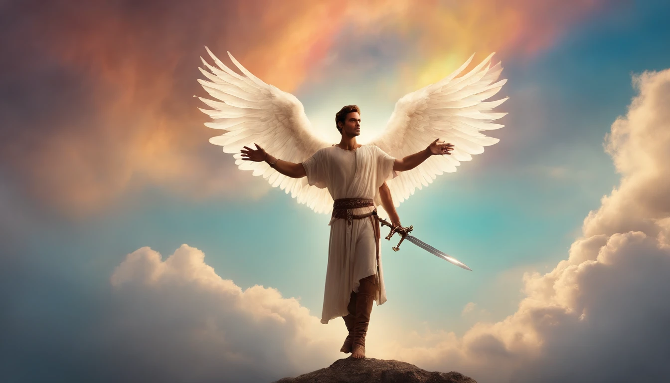 (((foto de corpo inteiro))) de Arcanjo Miguel Homem, Photorealistic angel of God of an angel with sword in hand (In the middle of the sky with colorful clouds: 1.50), Sem estilo Charlie Bowater, exaggerated facial features, Simbolismo misterioso, Magic, esoteric, mistic, Discurso, hioglyphs, Loish, achirax um, rosto definido, foto de frente olhando pra camera
