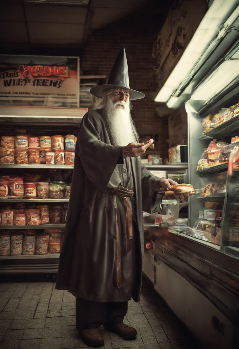 Security camera footage of old ancient geezer dastardly evil wizard in gas station casting evil lightning spell eating Costco hotdog, real Live Photo, cctv footage camera quality, realistic photo evil wizard long beard tall pointy hat terrorizing gas station employees with evil lightning spells