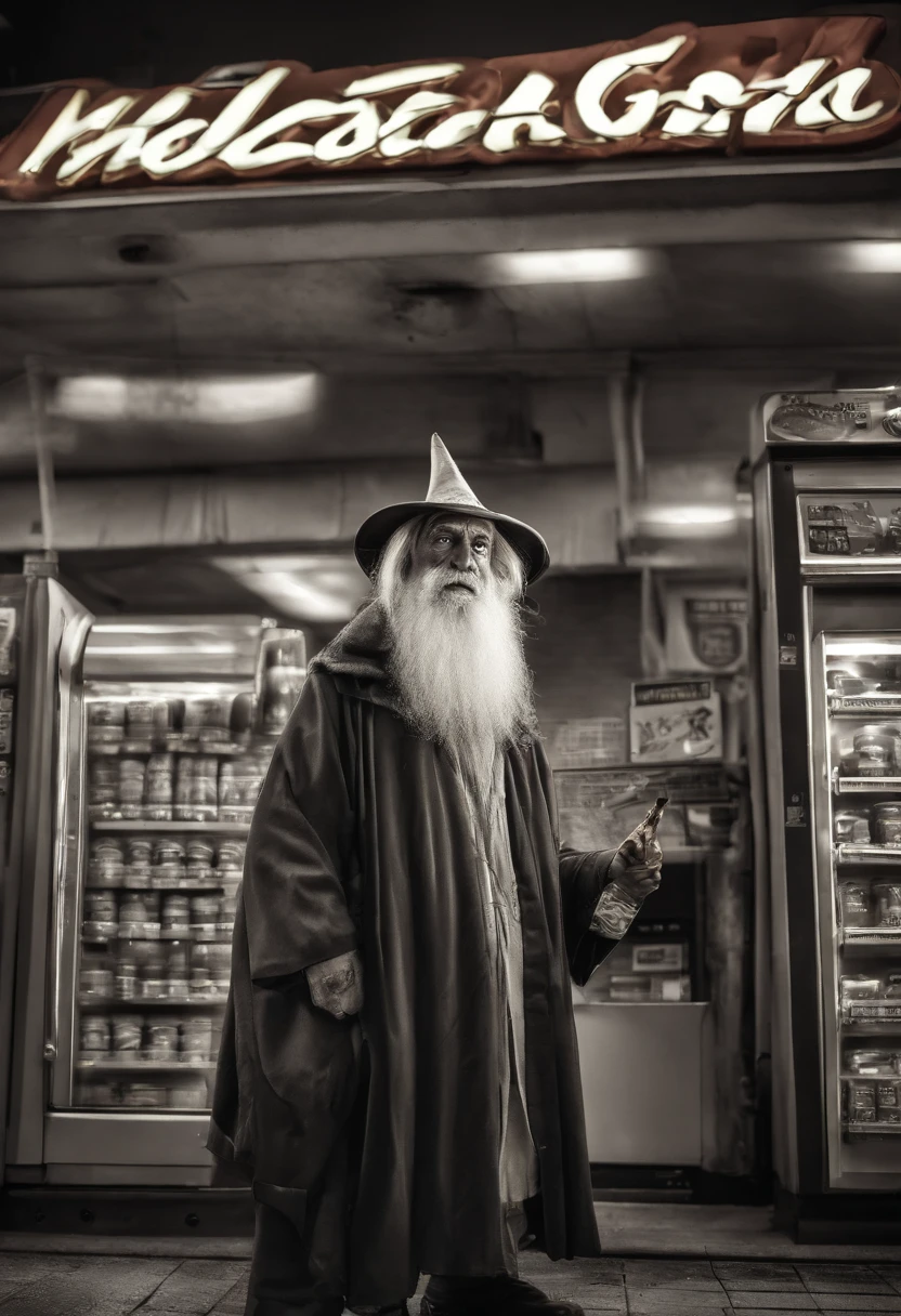 Security camera footage of old ancient geezer dastardly evil wizard in gas station casting evil lightning spell eating Costco hotdog, real Live Photo, cctv footage camera quality, realistic photo evil wizard long beard tall pointy hat terrorizing gas station employees with evil lightning spells