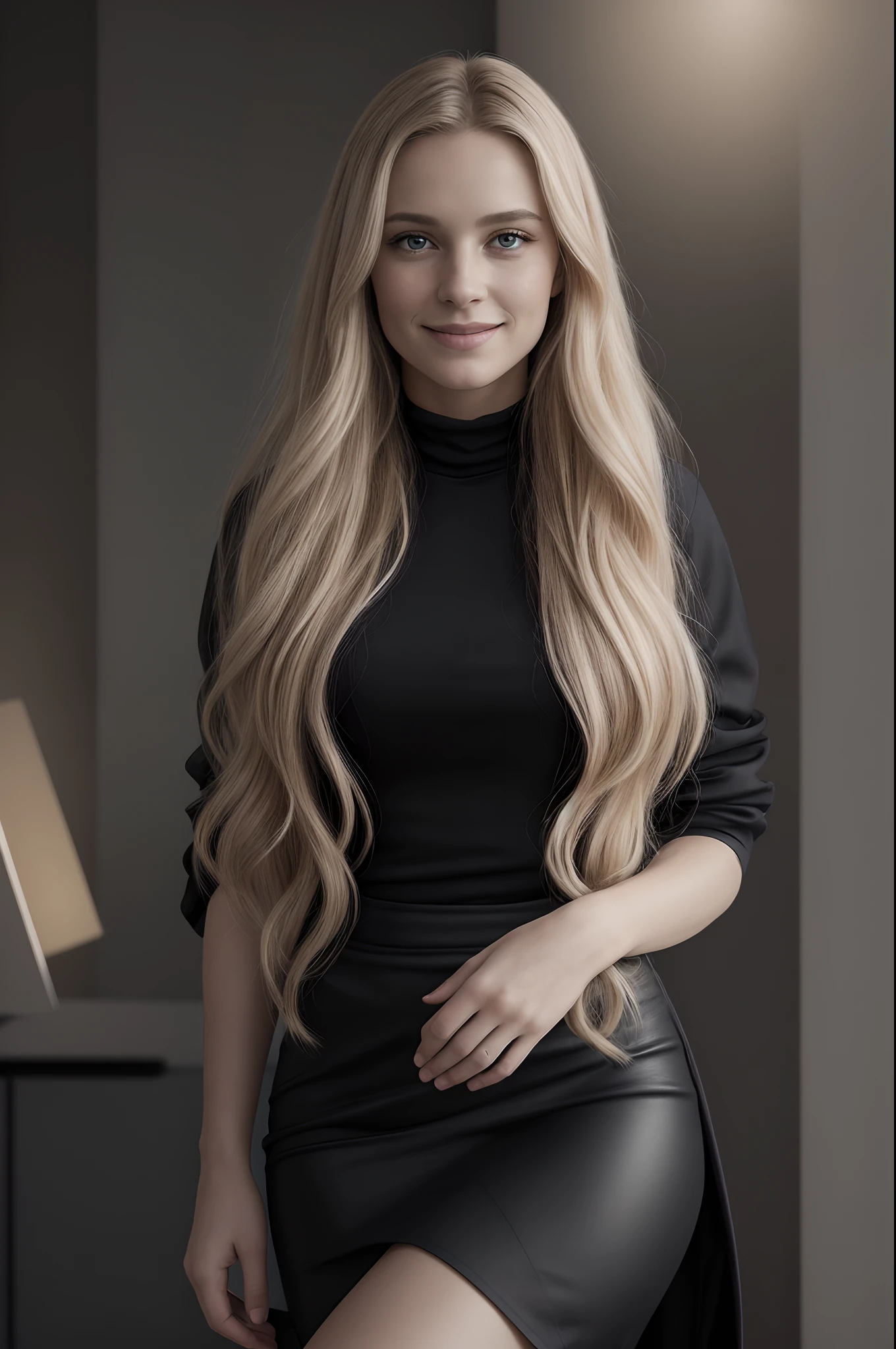 UHD, photo realist, Masterpiece, A Museum of Modern Art Date with a Stunning Gorgeous European Blonde Woman, 23 ans,
long, wavy blonde hair,
Elle porte une chemise blanche moulante, a tight black skirt and a long coat draped over her shoulders. High quality clothing.Ultra detailded, sexy pose, flirts with the camera, Sourire subtil, lighting cinematic