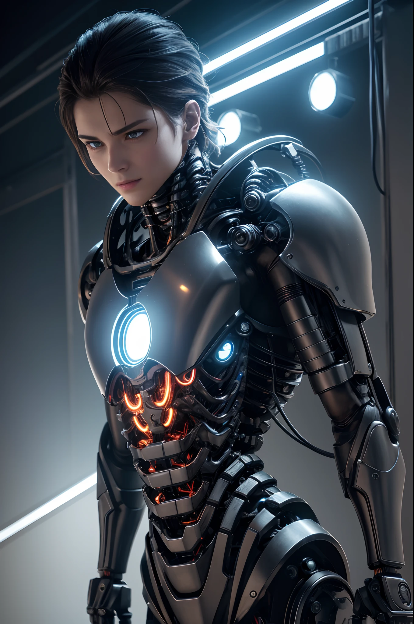 1. Mechanical Boy、((super realistic details))、portlate、globalillumination、Shadow、octan render、8K、ultrasharp、metal、Convolut、Ornament Details、Cold color、Egyptian Detail、highly intricate detail、Realistic light、Trends in CGS Society、radiant eyes、Camera orientation、Neon Detail、machanical limbs、Blood vessels connected to tubes、Mechanical vertebrae attached to the back、Mechanical cervical neck was attached、Sedentary position、Wires and cables connected to the head,a handsome,
