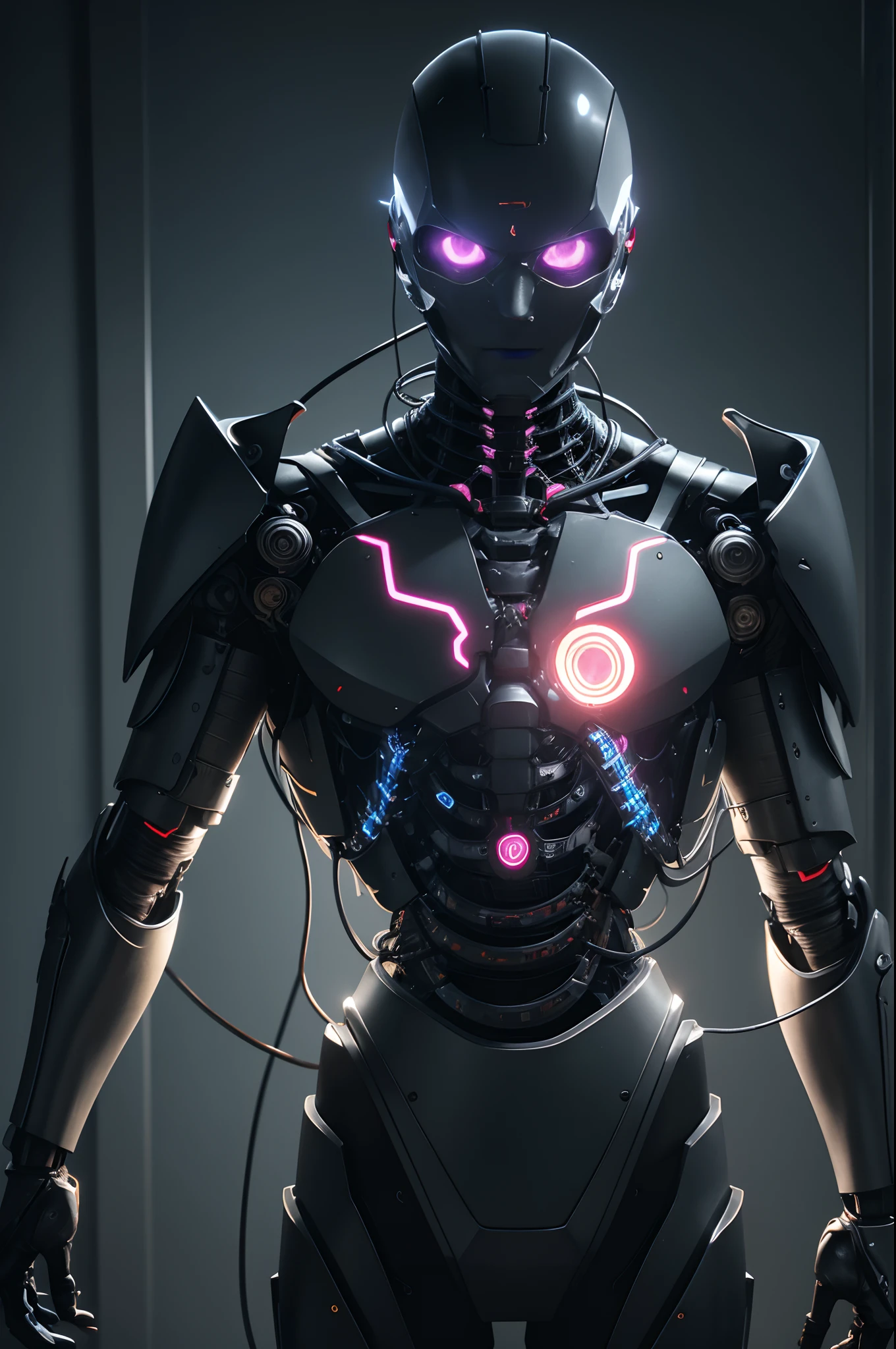 1. Mechanical Boy、((super realistic details))、portlate、globalillumination、Shadow、octan render、8K、ultrasharp、metal、Convolut、Ornament Details、Cold color、Egyptian Detail、highly intricate detail、Realistic light、Trends in CGS Society、radiant eyes、Camera orientation、Neon Detail、machanical limbs、Blood vessels connected to tubes、Mechanical vertebrae attached to the back、Mechanical cervical neck was attached、Sedentary position、Wires and cables connected to the head,a handsome,