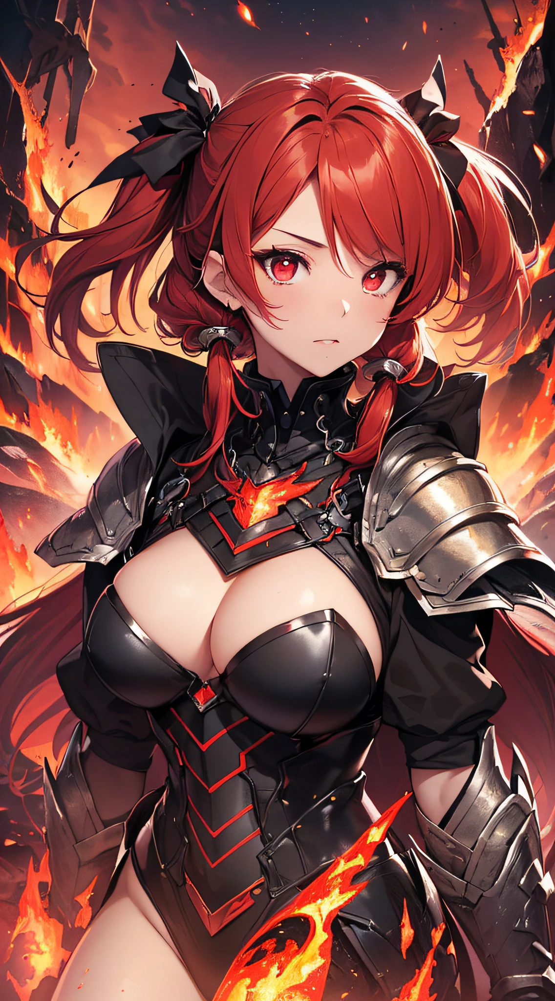top-quality、Top image quality、masterpiece、girl with((20yr old、Best Bust、big bast、Bust 85,Red Eyes、Breasts wide open,Long twin tails with glowing red hair、A slender、Large valleys、Red Magma Armor,Reflecting the whole body、Glowing Red Greatsword、High fever chain))、hiquality、Beautiful Art、Background with((Red sky、lava、the magma、Erupted volcanoes、Meteorites falling from the sky、Meteor))、masutepiece、visualart、depth of fields、