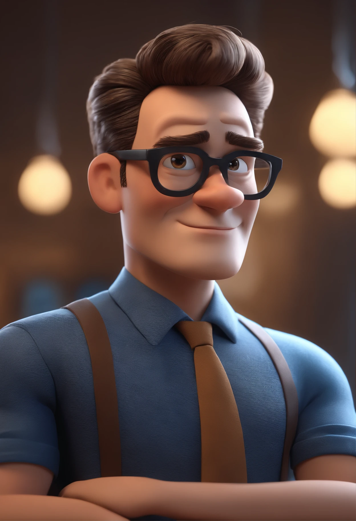 Cartoon character of a man with black glasses and a blue shirt, animation character, Caractere estilizado, animation style rendering, 3D estilizado, Arnold Maya render, 3 d render stylized, toon render keyshot, Personagem 3D, Personagem 3D, 3d rendering stylized, 3 d character render, personagem de desenho animado, Personagem de close up, Pose de personagem, (Estilo Pixar) (master part:1.2) (Bokeh) (best quality) (pele detalhada) (textura detalhada) (8k) (argila) (Cinematic lighting) (foco nítido