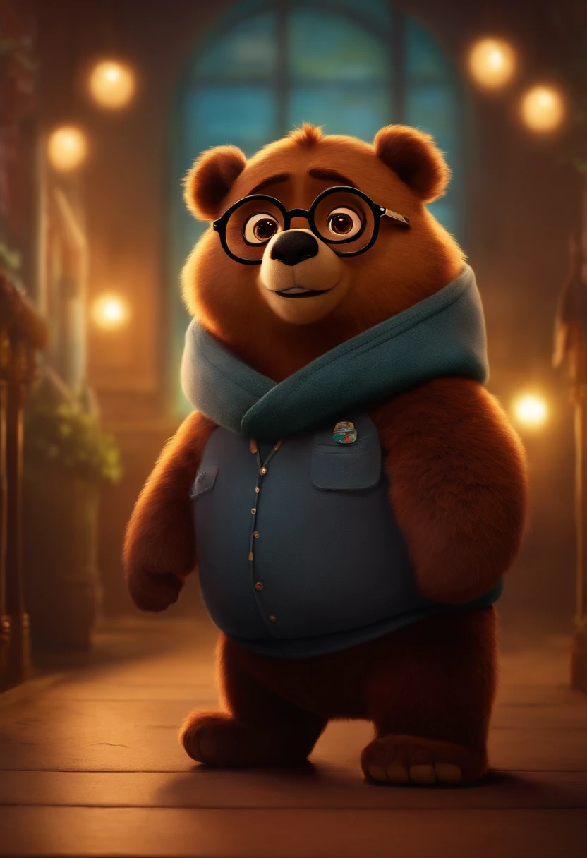 Menino estilo desenho animado, Pixar, wearing round glasses, segurando um urso de pelucia, roupa de escoteiro,