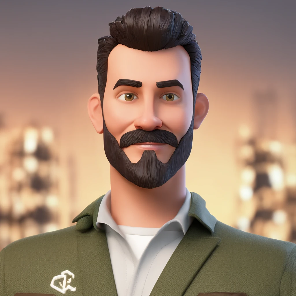 Criar um personagem no estilo Pixar. Trata-se de um homem de 30 anos, com barba, Branco, com cabelos castanhos curtos e um quiff, e olhos castanhos. Ele deve estar na frente de um computador, Trabalhar como designer