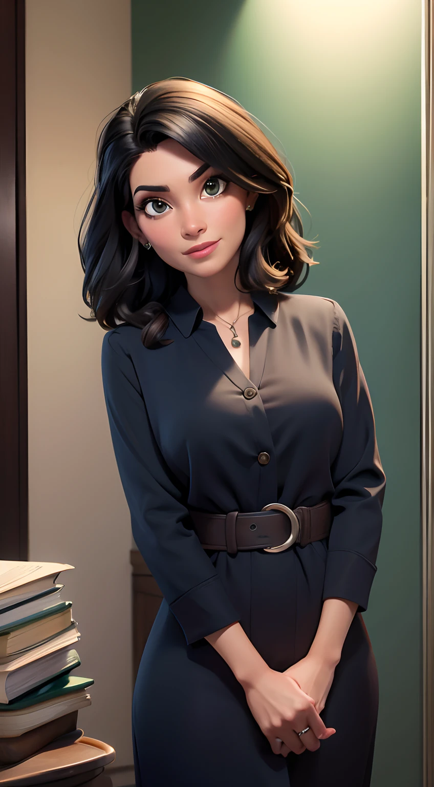Cabelo preto com reflexos iluminado em tons dourados, liso e curto, professora, With books in hand, em jaleco, perto de um quadro de giz verde, corpo inteiro, quadril largo e cintura fina, com sobrepeso, rosto redondo, melhor qualidade, perfection, realismo