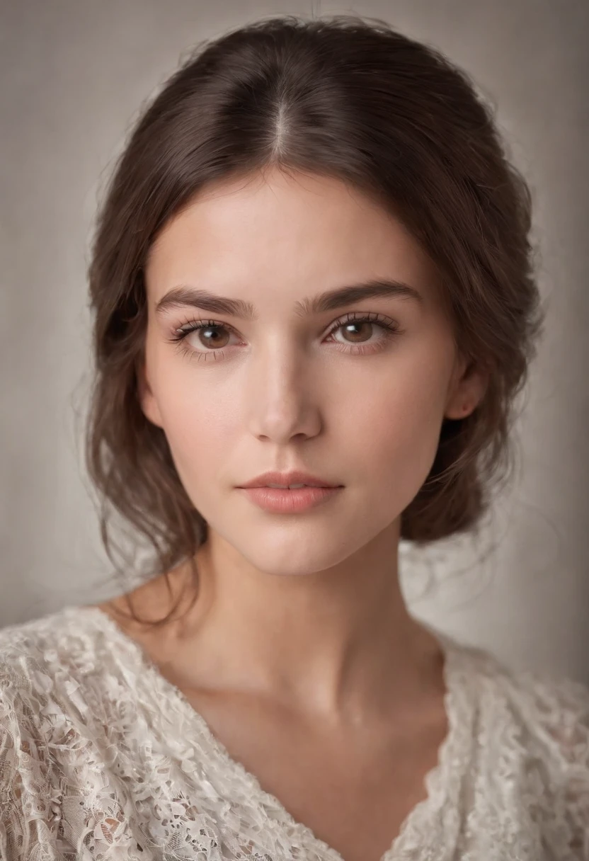 It isolizes the image of a young woman with brown hair that delicately frames her face. Her brown eyes convey serenity and determination, Reflecting confidence in your expression. In a style similar to a passport photograph, su semblante tranquilo irradia amabilidad y calidez. La luz resalta los suaves tonos de su piel, creating a sense of closeness and trust through his direct gaze towards the viewer".