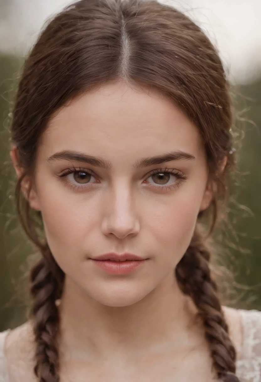 It isolizes the image of a young woman with brown hair that delicately frames her face. Her brown eyes convey serenity and determination, Reflecting confidence in your expression. In a style similar to a passport photograph, su semblante tranquilo irradia amabilidad y calidez. La luz resalta los suaves tonos de su piel, creating a sense of closeness and trust through his direct gaze towards the viewer".