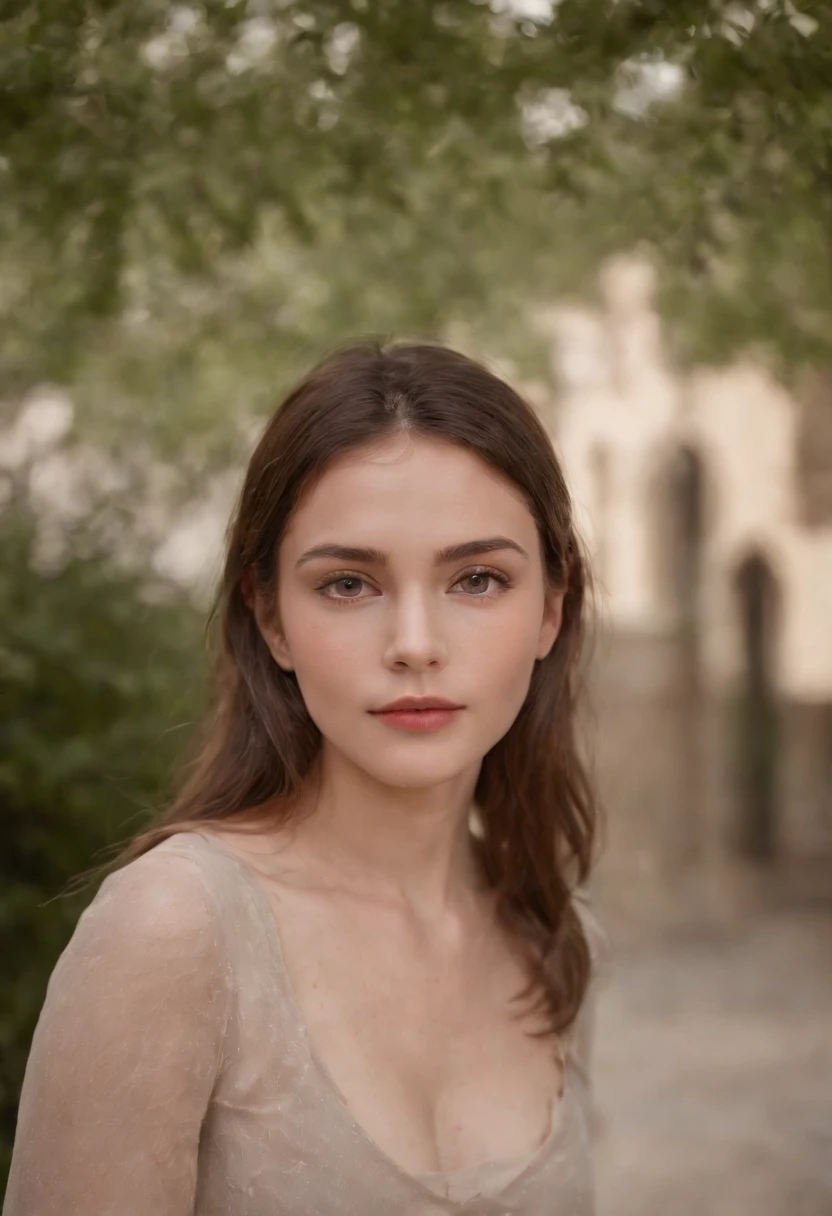 It isolizes the image of a young woman with brown hair that delicately frames her face. Her brown eyes convey serenity and determination, Reflecting confidence in your expression. In a style similar to a passport photograph, su semblante tranquilo irradia amabilidad y calidez. La luz resalta los suaves tonos de su piel, creating a sense of closeness and trust through his direct gaze towards the viewer".